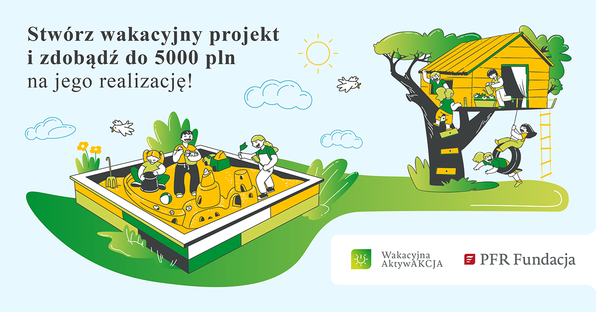 plac zabaw, dzieci bawią siw w piaskownicy, obok drzewo, na mim domek, w któym bawią sie dzieci. wchodza po drabinie, bujają się na kole. świeci słońce, fruwają ptaki.