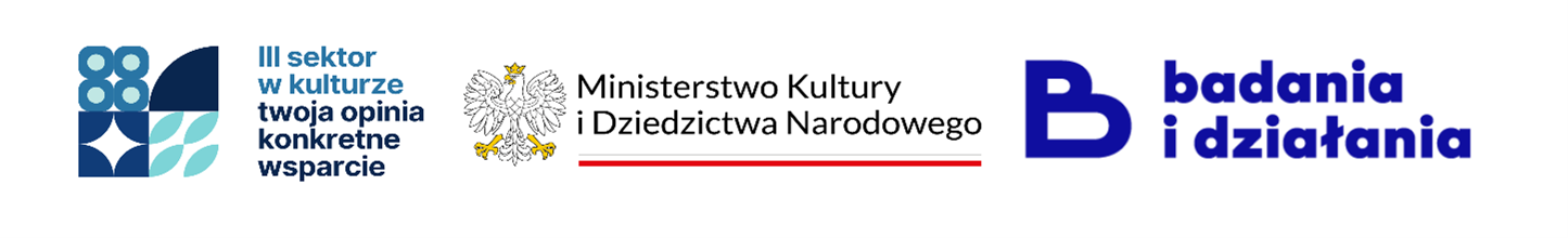 Połączone logotypy trzech podmiotów: inicjatywy ‘III sektor w kulturze – twoja opinia, konkretne wsparcie’, Ministerstwa Kultury i Dziedzictwa Narodowego z godłem państwowym oraz marki ‘badania i działania’. Całość ułożona w jednym wierszu, wyraźna i utrzymana w biało‑niebiesko‑czerwonej kolorystyce.