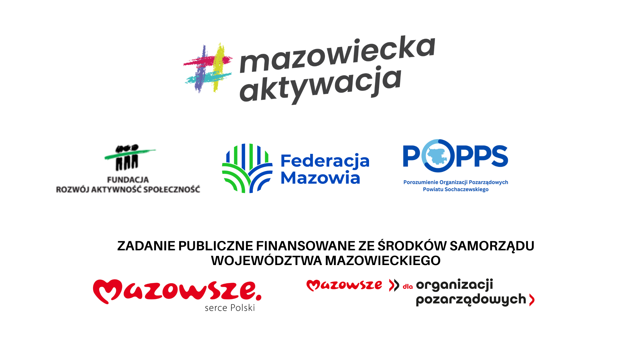 Grafika z logotypami programu „Mazowiecka Aktywacja” oraz partnerów: Fundacji Rozwój Aktywności Społeczności, Federacji Mazowia i POPPS. Na dole znajduje się informacja o finansowaniu zadania ze środków Samorządu Województwa Mazowieckiego oraz logotypy Mazowsza.