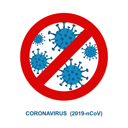grafika przedstawia znak zakazu dotyczący virusa SARS-COV-2