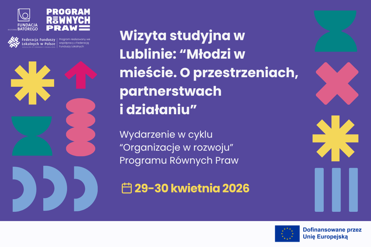 Grafika informująca o wizycie studyjnej w Lublinie „Młodzi w mieście. O przestrzeniach, partnerstwach i działaniu”, odbywającej się 29–30 kwietnia 2026 w ramach Programu Równych Praw. Kolorowe kształty, logotypy organizatorów i informacja o dofinansowaniu z UE