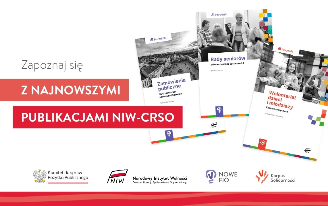 Grafika promująca trzy publikacje NIW-CRSO z hasłem zachęcającym do zapoznania się z nimi oraz widocznymi okładkami poradników i logotypami instytucji