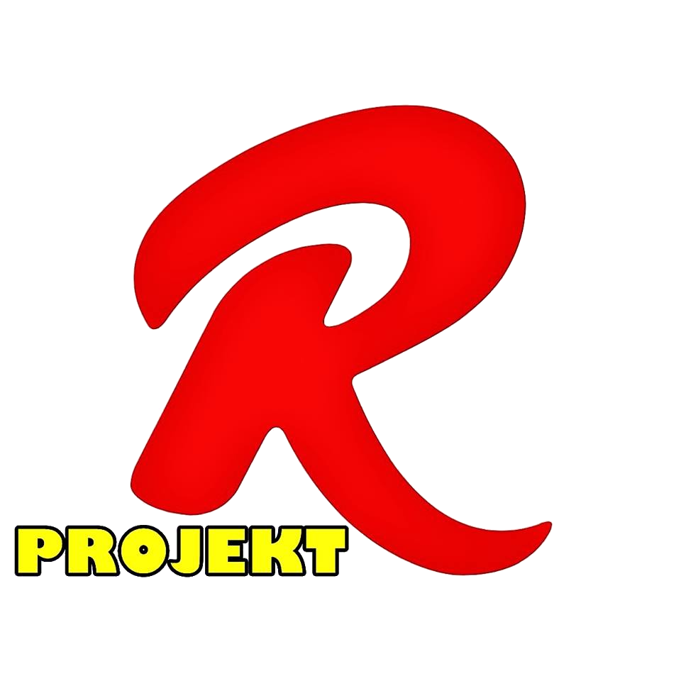 Logo projektu „R Projekt”. Na jasnoszarym tle znajduje się duża czerwona litera „R”. Pod nią widoczny jest żółty napis PROJEKT z czarnym obramowaniem.